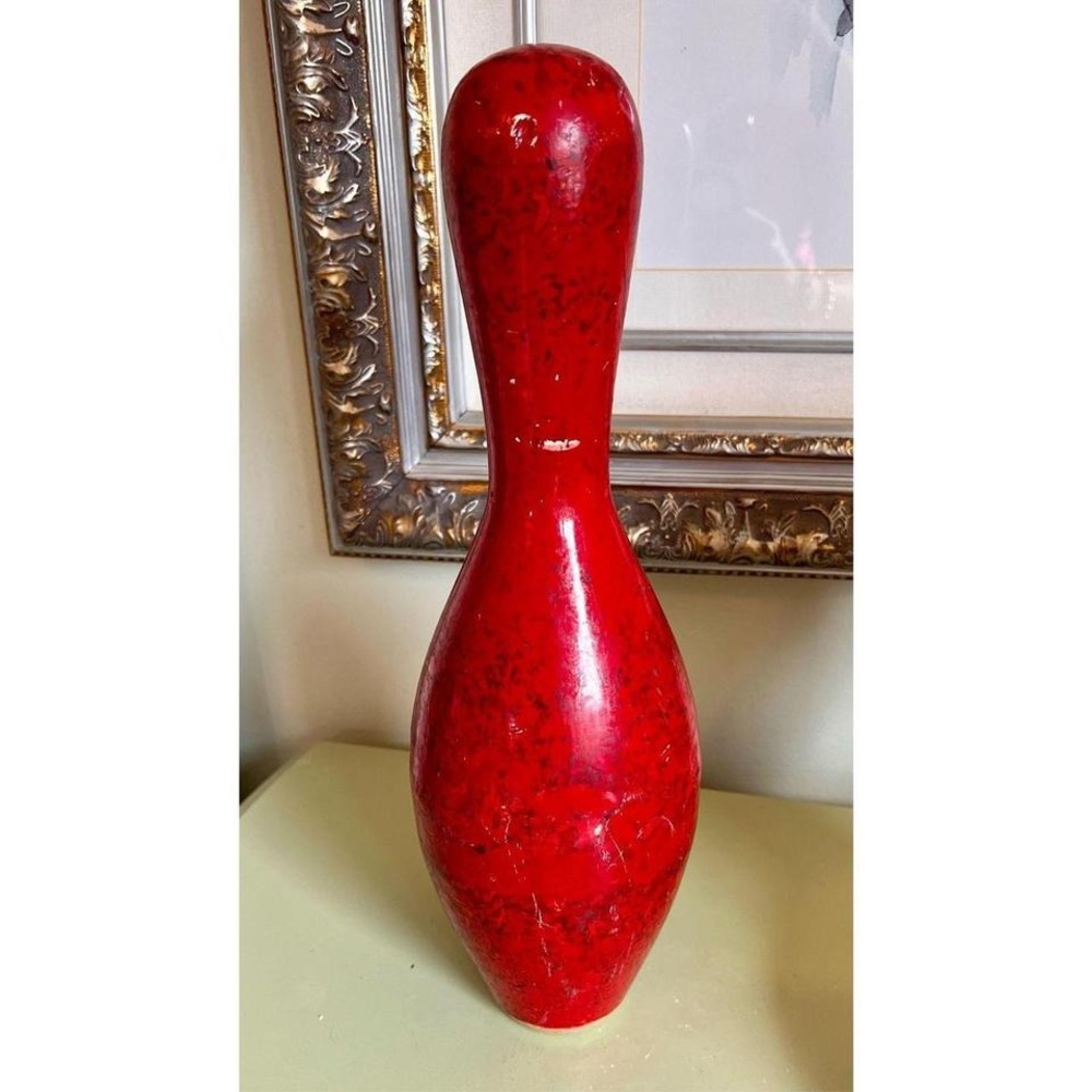 Vintage Red Speckled Bowling Pin Decor Accent Piece Statement